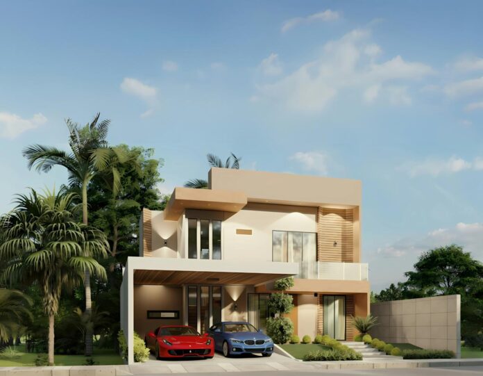 Modern house with two cars in driveway.